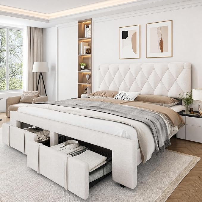 GarveeHome King Size Bed Frame, Upholstered Platform Bed Frame with Storage Drawers, Mattress Foundation with Solid Wooden Slats Support, No Box Spring Needed, Beige