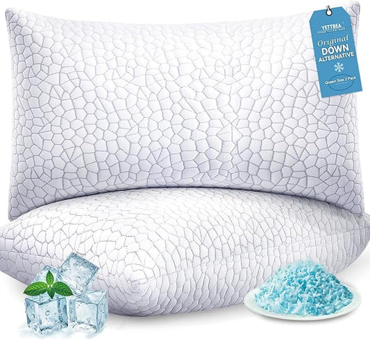 Yettbea Adjustable Shredded Memory Foam Pillows Queen Size Set of 2, Luxury Bamboo Cooling Pillow w/Washable Zippered Cover, Soft or Firm Support Bed Pillow for Side, Back, Stomach Sleeper