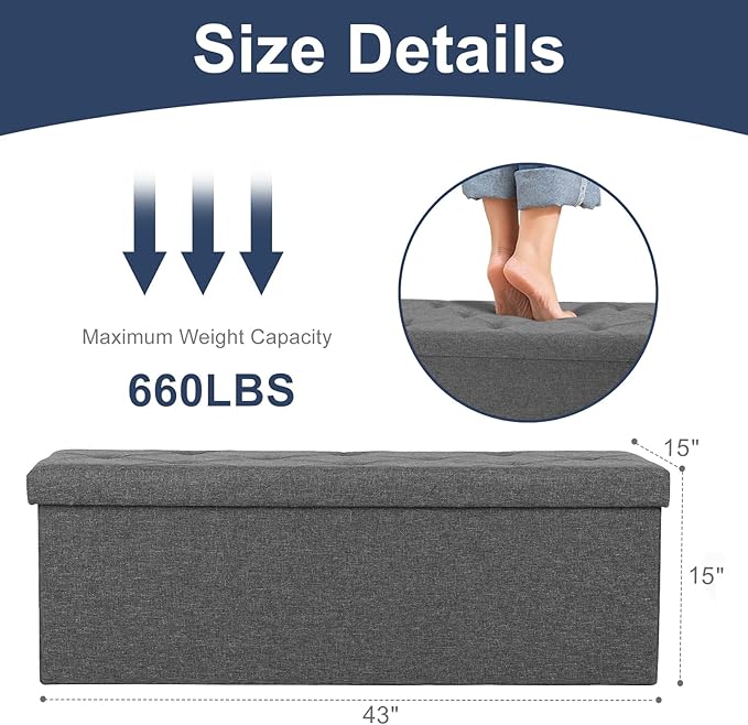 DUMOS 43 Inch Folding Storage Ottoman Bench, Large Hidden Storage Chest withThicker Foam Padded Seat, End of Bed Foot Rest Stool for Bedroom Living Room Entryway, Load 660 lbs, Grey