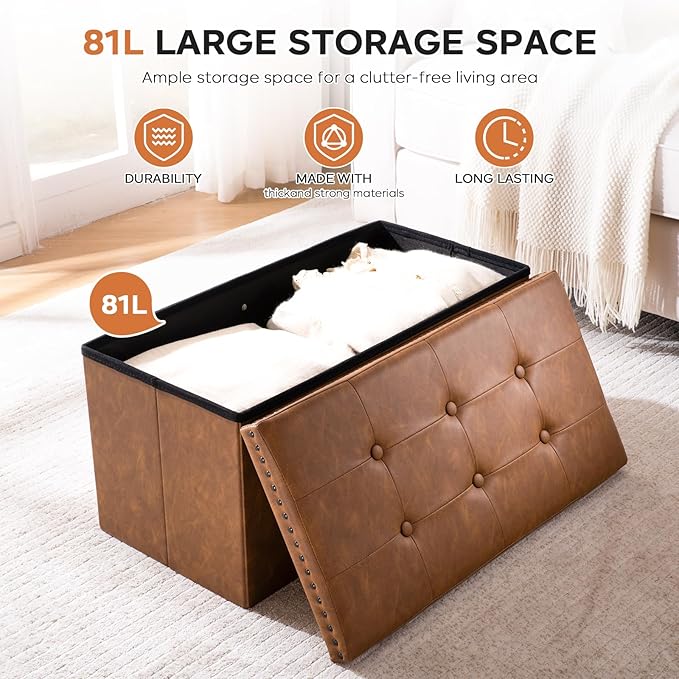 oakvivo 30 Inches Folding Storage Ottoman Bench, PU Leather Tufted End of Bed Bench, Foot Rest with Rivet Design, Ottoman with Storage, Load 330 lb, for Living Room, Bedroom, Entryway, Brown