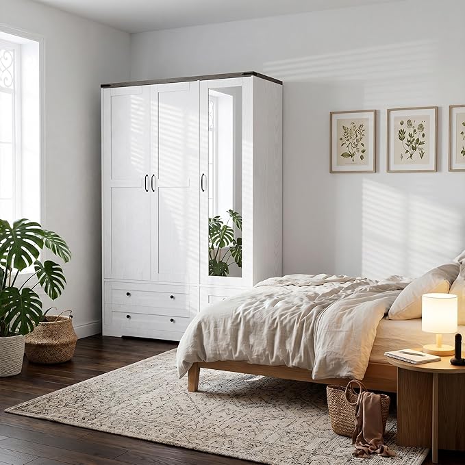 Yechen 71" Wooden Armoire Wardrobe Closet with Mirror and 4 Drawers, 3-Door Modern Functional Clothes Tall Storage Cabinet with 4 Adjustable Shelves and Hanging Rod, Freestanding Wardrobes for Bedroom
