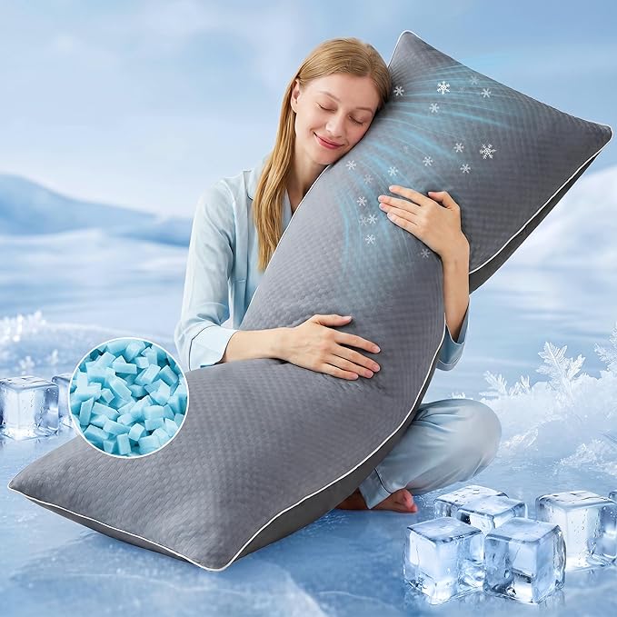 YZ HOME Cooling Body Pillow for Adults- Pillow Insert with Shredded Blue Memory Foam, Soft Support for Side Sleepper, Pregnant Women, Back Pain Relief, Washable Pillowcase (20x54 Inch, Grey)