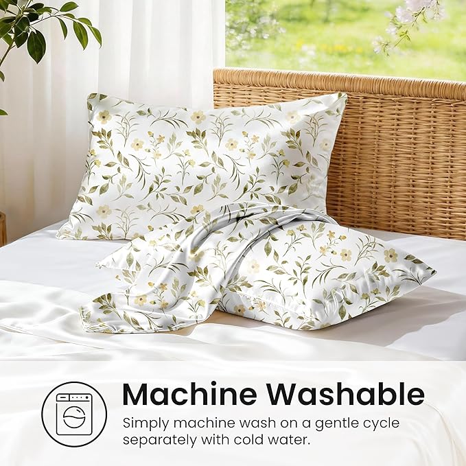 EXQ Home Satin Pillowcase for Hair and Skin Queen - Printed Yellow Sprig Silk Pillow Cases 2 Pack 20x30 inches - Satin Pillow Cases Set of 2 with Envelope Closure, Gifts for Women Men