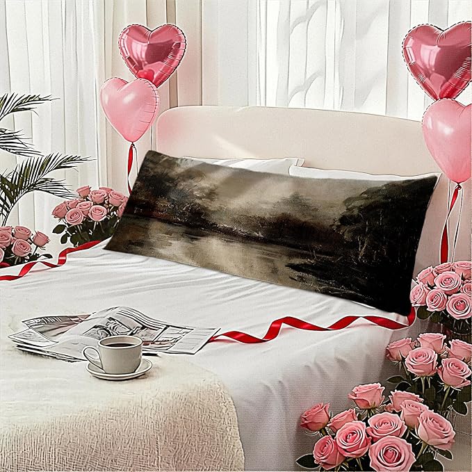 Vintage Moody River Landscape 20x54 Body Pillow Cover, Rustic Farmhouse Country Lake Scenery Decorative Long Body Pillow Cases for Bed Couch