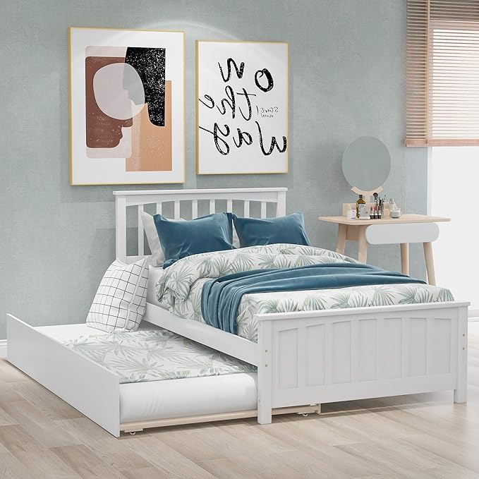 Ball & Cast Twin Bed Frames,Dyabed Platform Bed W/Pull Out Trundle Bed and Headboard,Wood Slats Support,Mattress not Included,for Bedroom,Guest Room,Apartment,White