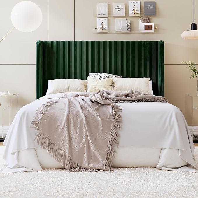SHA CERLIN Queen Size Corduroy Upholstered Platform Bed Frame with Vertical Channel Tufted Wingback Headboard, 8" Under Bed Storage, Wooden Slats & Metal Frame Support, Easy Assembly, Dark Green