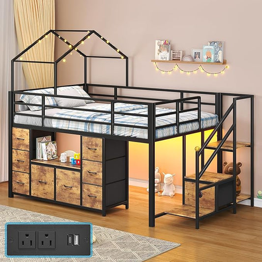 Low Loft Bed Twin,Twin Bed Frames for Kids with 9 Storage Drawers, House Bed with 13.8" H Safety Guardrai,Under-Bed Play Space, Rustic Brown | LED Lights,Charging