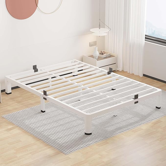 ROIL 7 Inch White Full Bed Frame with Rounded Corner and Mattress Retainers, 3500LBS Heavy Duty Steel Slats No Box Spring Needed Platform Noise-Free Easy Assembly