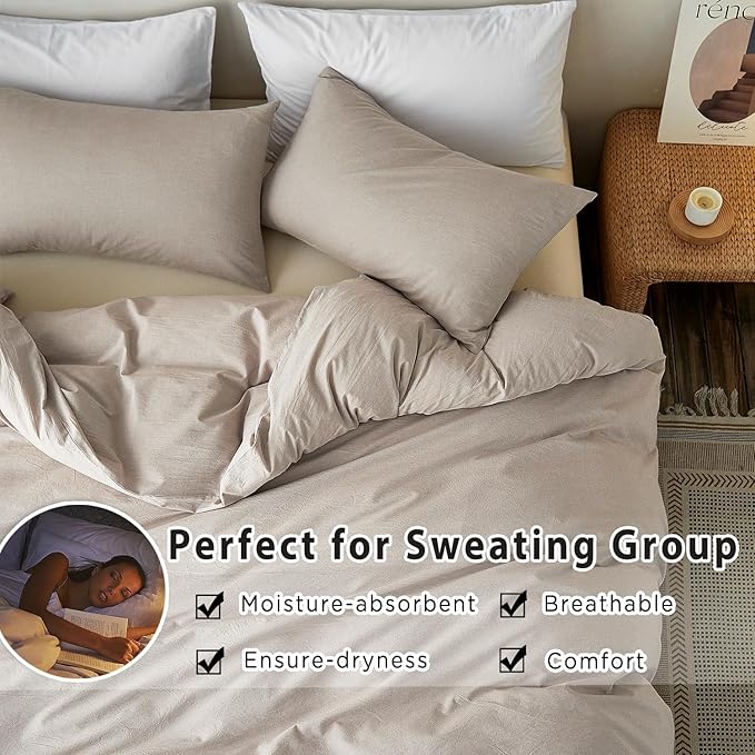 TOCOMOA Duvet Cover Set 100% Washed Cotton Linen Feel Soft Comfy Breathable 3 Piece Comforter Covers Bedding Set (Queen, Heathered Linen Grey)