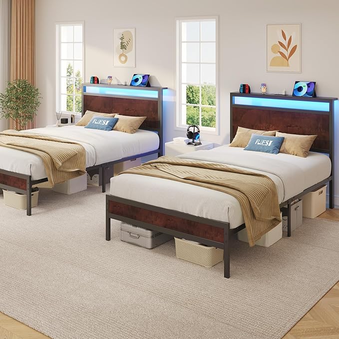 Fluest Twin Bed Frame with Headboard & Footboard, Twin Bed Frame with Charging Station & LED Light, Under-Bed-Storage, No Box Spring Needed, Noise Free, Easy Assembly, Coffee Brown