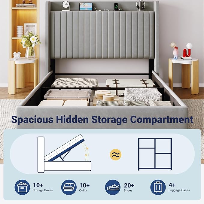 Allewie Queen Size Lift Up Storage Bed Frame,Storage Shelf Headboard with Charging Station,Type-C and USB Ports,Hydraulic Support,Velvet Upholstered Bed Frame,No Box Spring Needed,Grey