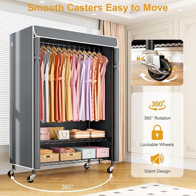 ULIFHOME P6C Plus Rolling Clothes Rack with Cover, Covered Clothing Rack Heavy Duty, Portable Closet for Hanging Clothes, Garment Rack on Wheels, Black Closet Rack with Gray Cover, Max Load 375LBS