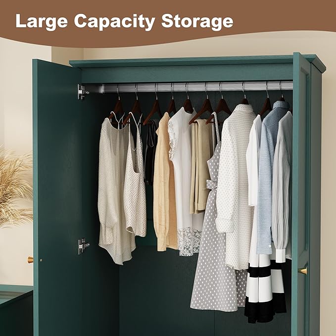 HLR 71" Mid-Century Modern Armoire Wardrobe Closet with Doors and Drawers,Wooden Armoire Storage Cabinet with Hanging Rod for Bedroom,Large Capacity Storage,Green