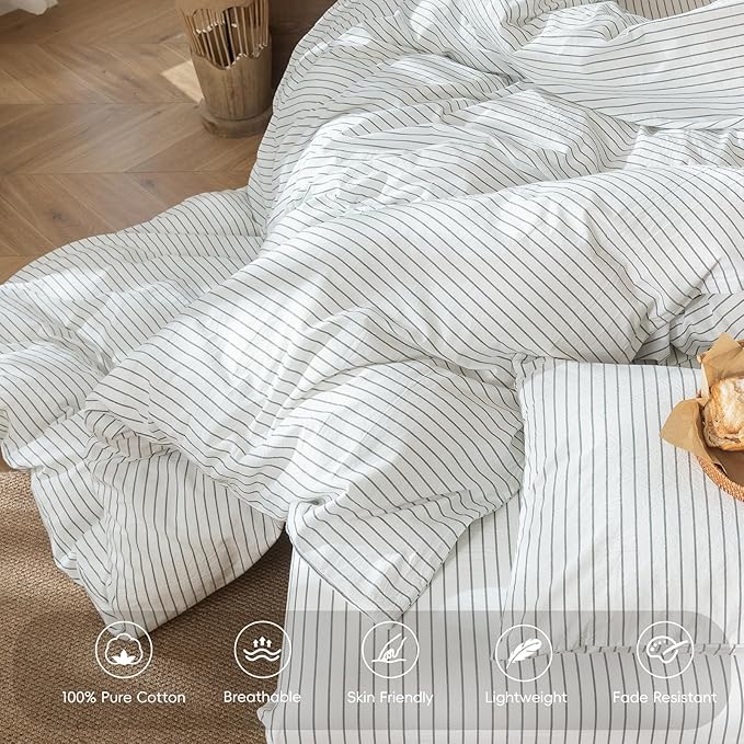 MooMee Striped Duvet Cover Set 100% Washed Cotton Linen Like Textured Breathable Durable Soft Comfy (White Heathered Green Wide Stripes, Super King Plus 120"x120")