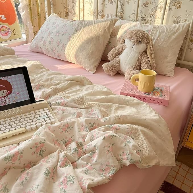 mixinni Vintage Floral Duvet Cover Set - 3 Piece Twin XL Size Pink Cottagecore Bedding with Lace Trim, Shabby Chic Bedding Set, Includes 1 Duvet Cover & 2 Pillowcases, Boho Aesthetic for Girls & Dorms