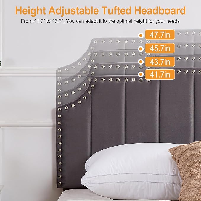 VECELO Queen Upholstered Platform Bed Frame with 4 Storage Drawers,Velvet Vintage Queen Bed with Nailhead Trim,Tufted Height Adjustable Headboard,Wooden Slats/No Box Spring Needed/Easy Assembly