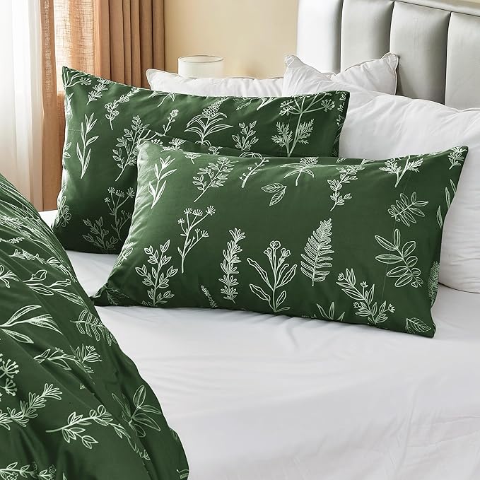 MUXHOMO Duvet Cover Full Size, Reversible Floral Dark Green Duvet Cover Set with Zipper Closure, 3 Pieces Botanical Patterns Soft Microfiber Bedding Set with 4 Ties (80"x90", 2 Pillow Cases)