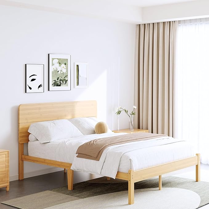 BOSRII 14in High Solid Bamboo Wood Platform Queen Size Bed Frame with Headboard, Reinforced Heavy Duty Metal Slats, Noise Free, No Box Spring Needed, Easy Assembly