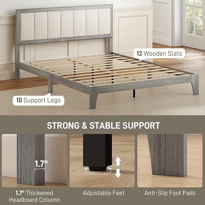 HOMCOM Queen Size Bed Frame with Upholstered Headboard, Platform Bed Frame with Wooden Slats, No Box Spring Needed, Easy Assembly, Gray