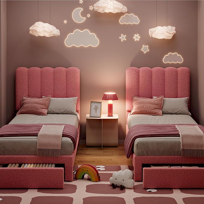 GarveeHome Twin Bed Frame with Under-Bed Drawer, Upholstered Platform Bed with Wave Headboard for Kids/Girls, Wooden Slats Support, No Box Spring Needed, Boucle Pink, 2 Sets