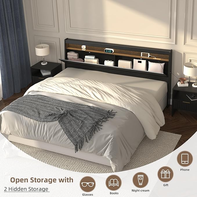 Wooden Headboard Only with Storage, Skirting Groove for Enhanced Stability, Built-in Power Outlet, 2 USB Ports & LED Light - Sturdy Stable Bed Backboard (Black, Queen)