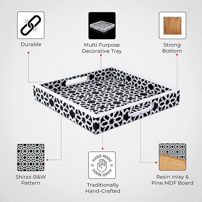 Handicrafts Home 12"x12" Ottoman Tray with Handles, Shiraz Pattern Square Serving Tray for Centerpiece, Resin Inlay Coffee Table Tray, Vanity, Breakfast, Home Décor