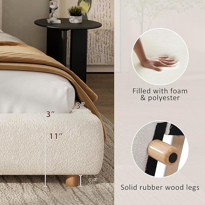 Merax California King Size Teddy Fleece Thick Fabric Upholstered Platform Bed with Curved Shaped Headboard, Wood Bed Frame with Solid Round Legs for Kids Teens Adults, White
