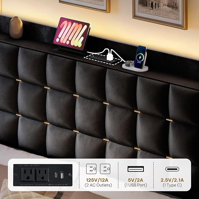 YITAHOME Queen Size Bed Frame with 3 Storage Drawers and RGB LED Lights, Velvet Upholstered Bed with Charging Station and Storage Headboard, No Box Spring Needed, Easy Assembly, Noise-Free, Cool Black