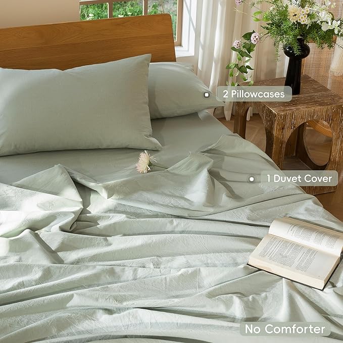 MooMee Bedding Duvet Cover Set 100% Washed Cotton Linen Like Textured Breathable Durable Soft Comfy (Heathered Sage Green, Super Queen 90"x98")