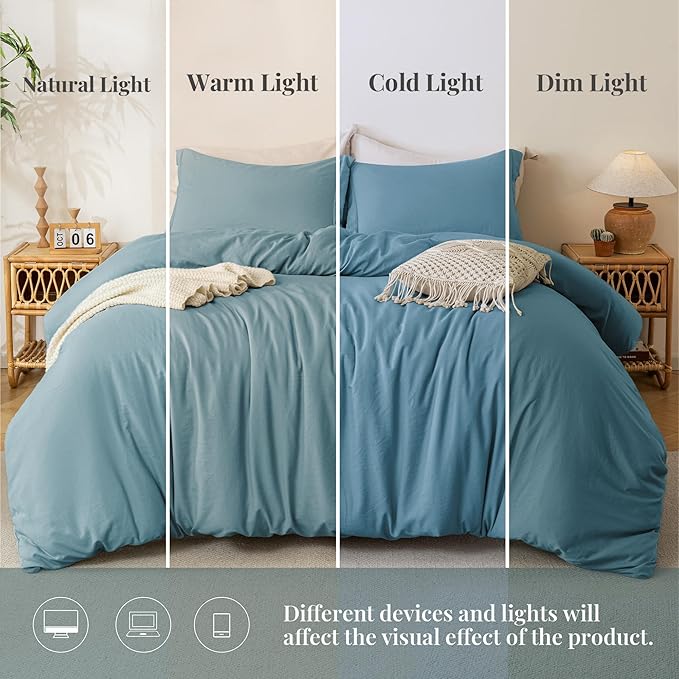 MILDLY Super Soft Duvet Cover - 100% Washed Microfiber Grayish Blue Comforter Cover Set 3 Pieces with Zipper Closure & Corner Ties (No Comforter)