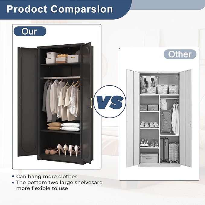 Metal Wardrobe Cabinets，Armoire Wardrobe Closet with Hanging Rod,Clothes Storage Cabinet with Adjustable Shelves and Doors, Clothing Cabinet for Bedroom, Office, Laundry Room