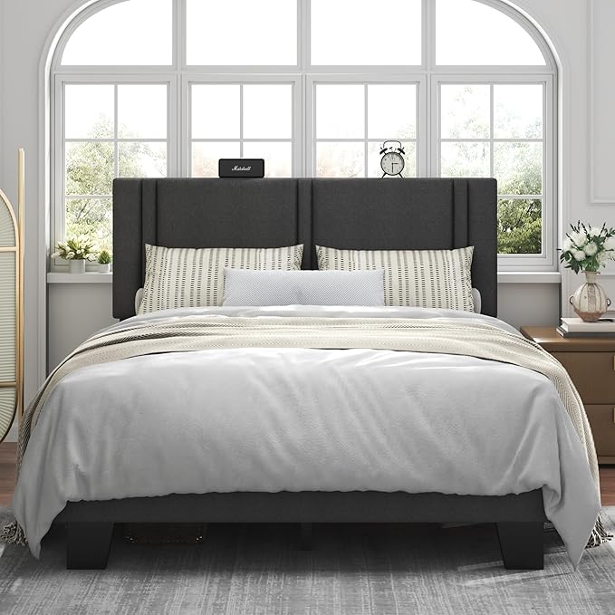 Feonase Full Size Platform Bed Frame, Fabric Upholstered Full Bed Frame, Solid Wood Slats & Heavy Duty Feet Support, No Box Spring Needed, Noise-Free, Easy Assembly, Dark Grey