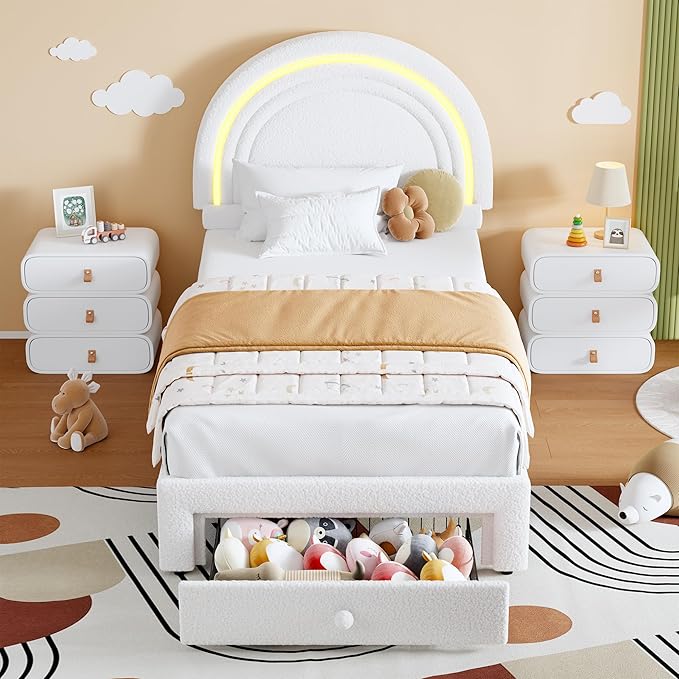 GarveeHome Twin Upholstered LED Bed Frame - with Storage Drawer and Rainbow Headboard, Berber Fleece Princess Platform Bed for Kids, Solid Wood Slat Support, No Box Spring Needed, Easy Assembly, White