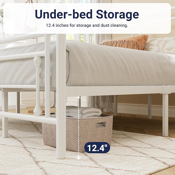 Allewie King Size Metal Platform Bed Frame with Victorian Vintage Headboard and Footboard/Mattress Foundation/Under Bed Storage/No Box Spring Needed/Noise-Free/Easy Assembly, White