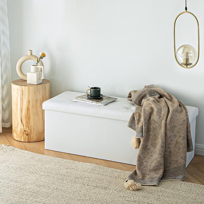 Camabel 43 Inch Folding Storage Ottoman Bench 120L Hold up 700lbs Ottoman with Storage Chest Foam Seat Padded Foot Rest Stool Faux Leather Bedroom Bench Coffee Table White