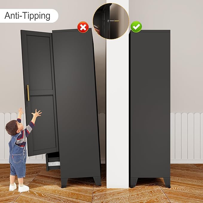 winiowa Metal Armoire Wardrobe Closet with Drawer, 71" Wardrobe Cabinet with Adjustable Shelves and Hanging Rod, Clothing Storage Cabinet Closet for Bedroom-Black