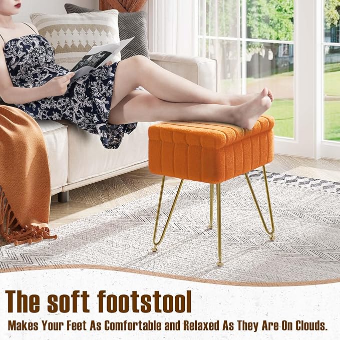 Greenstell Vanity Stool Chair Faux Fur with Storage, 15.7"L x 11.8"W x 19.4"H Soft Ottoman 4 Metal Legs with Anti-Slip Feet, Furry Padded Seat, Modern Multifunctional Chairs for Makeup, Bedroom,Orange