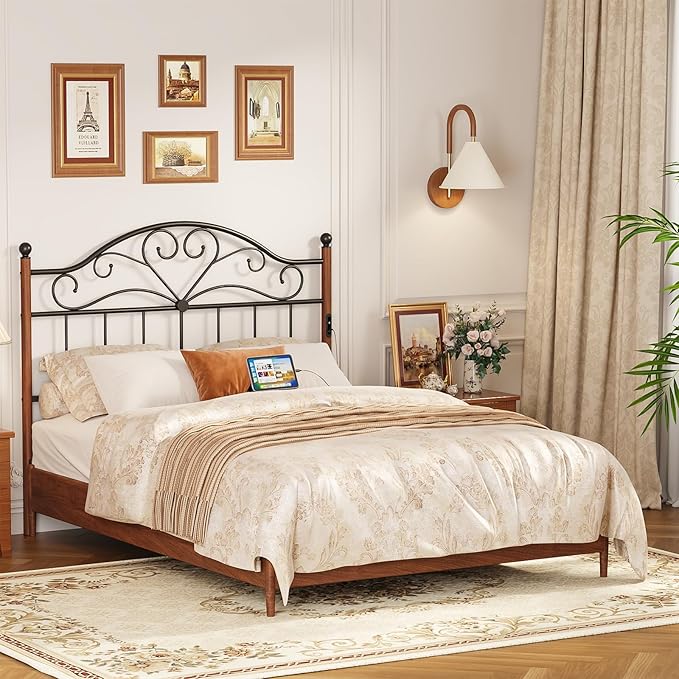 Merronix Queen Size Headboard with Charger Stations, Vintage Metal Headboard Only Farmhouse Retro Freestanding Black Wooden-Painting Headboard for Queen Bed Frame, Height Adjustable, Easy Assembly