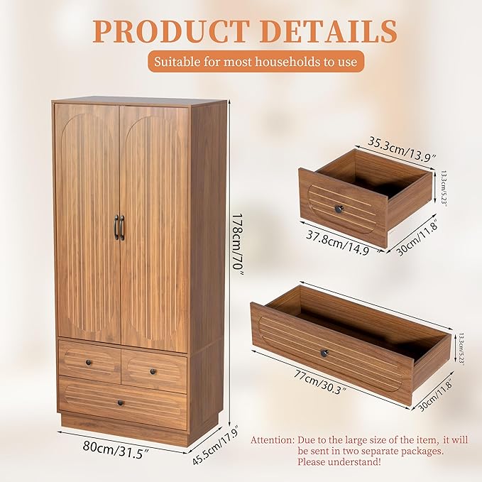 Jluomei Armoire Wardrobe Closet with Doors, Wardrobe Cabinet with 3 Drawers, Wooden Large Clothing Storage Cabinet with Hanging Rod and Shelf, Mid-Century Modern Tall Closet for Bedroom, Walnut | with Doors, Wardrobe Cabinet, with 3 Drawers, with Hangi...