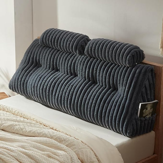 Rycwola Faux Fur Headboard Pillow with 2 Pack Neck Roll Pillow Large Headboard Pillow Soft and Supportive with Removable Cover (Grey, Queen)