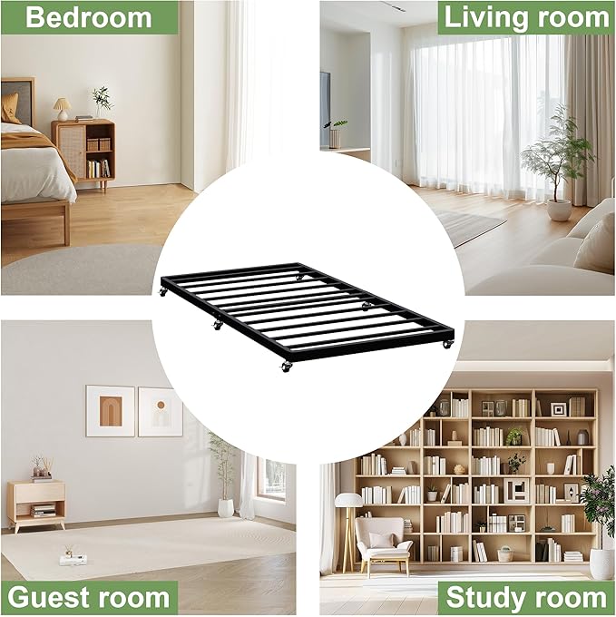 Lutown-Teen Twin Trundle Bed Frame with Metal Slats, Roll-Out Design, Easy Assembly Steel Frame with Lockable Wheels, Noiseless Pull Out Bed for Bedroom, Living Room or Guest Room, Black