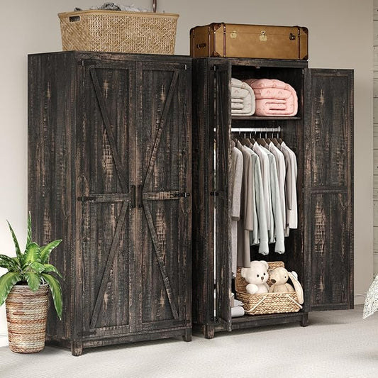 AMERLIFE Set of 2 Farmhouse Armoire Wardrobe Closet with 2 Barn Doors, 71'' Storage Cabinet with Shelf & Hanging Rod, Versatile Clothing Storage for Bedroom, Black Oak