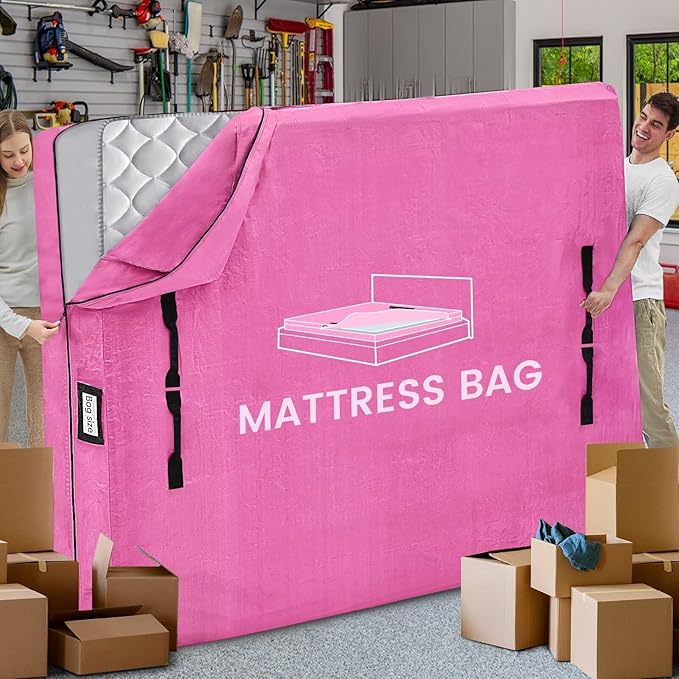Mattress Bags for Moving and Storage, BETU Queen Mattress Protector Waterproof Mattress Cover with 8 Heavy Duty Handles and Zipper Extra Thick Moving Supplies for Bed Reusable (82x62x13.5 Pink)
