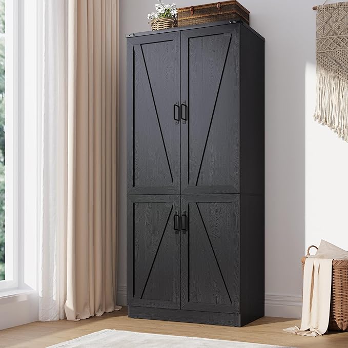 Hlivelood 75" Tall Farmhouse 2 Doors Armoire Wardrobe Closet with LED,Freestanding Closet Wardrobe Cabinet for Bedroom with Hanging Rod,Wooden Armoire Storage Cabinet with Adjustable Shelves(Black)