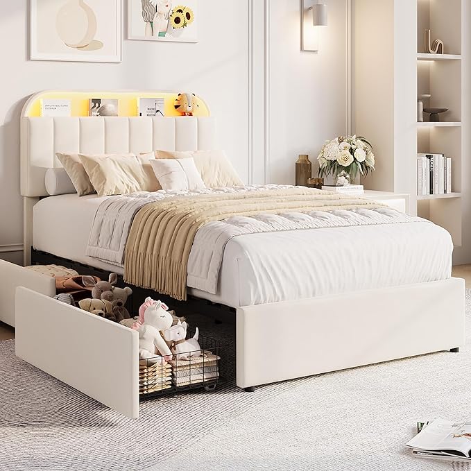 GarveeHome Twin Bed Frame with Storage Headboard, Kids Bed Frame with 2 Drawers, Velvet Upholstered Platform Bed Frame with Lights, No Box Spring Needed, Easy Assembly, Velvet White