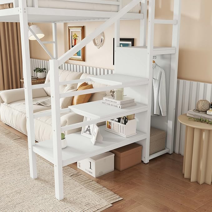 SOFTSEA Metal Loft Bed Storage Shelves, Twin XL Size Loft Bed Frame with Wardrobe, High Loft Beds with Stairs and Guardrail for Kids Bedroom, No Box Spring Needed, White