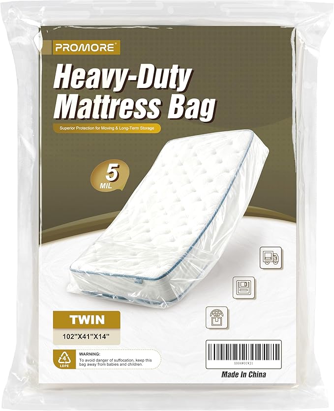 Twin Size Mattress Bag for Moving and Storage - 5 Mil Heavy Duty, Plastic Mattress Covers, Waterproof, Reusable, Tearproof
