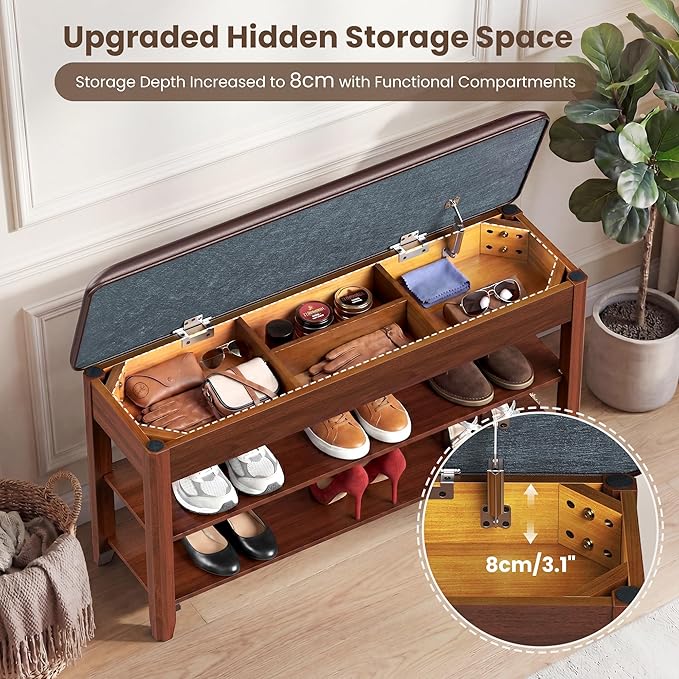 LBT Solid Wood Entryway Shoe Bench with Storage, Adjustable 2-Tier Shoe Rack, Flip-Top Hidden Compartment, Padded Leather Seat, Heavy-Duty 550 lb Capacity for Entryway, Mudroom, Closet 31.5 inch