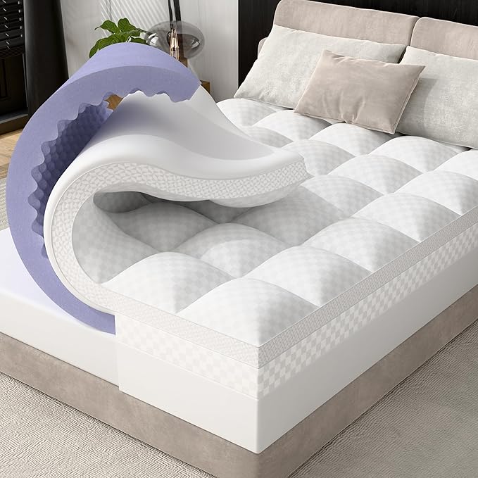 downluxe 4 Inch King Memory Foam Mattress Topper Pro Dual Layer 2 Inch Cooling Gel Egg Crate Memory Foam Plus 2 Inch Pillow Top Medium Firm with Deep Pocket
