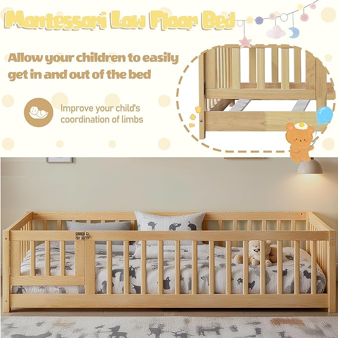 Bellemave Montessori Twin Floor Bed Frame with Fence and Removable Door, Low Profile Twin Size Montessori Bed Frame for Kids, Solid Wooden Floor Beds for Bedroom,Nursery, Natural